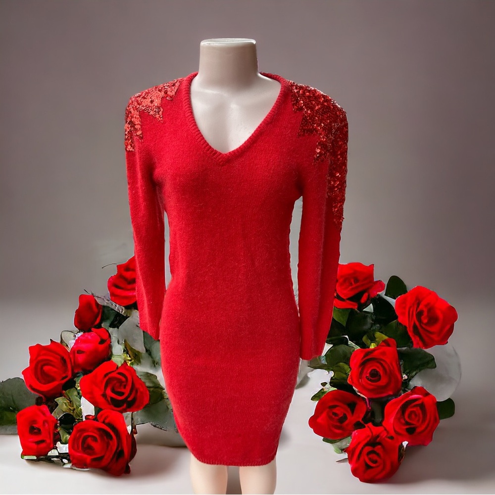 Vintage 80s Rinzi Red Sequin Silk Angora Sweater Dress Small Holiday Glam